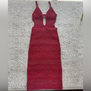 Zara Buckled Cut Out Red Knit Midi Dress V Neck Metallic Thread